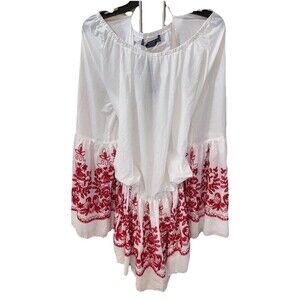Highness Embroidered Floral Dress Red White Boho Peasant Bell Sleeve 2X NEW